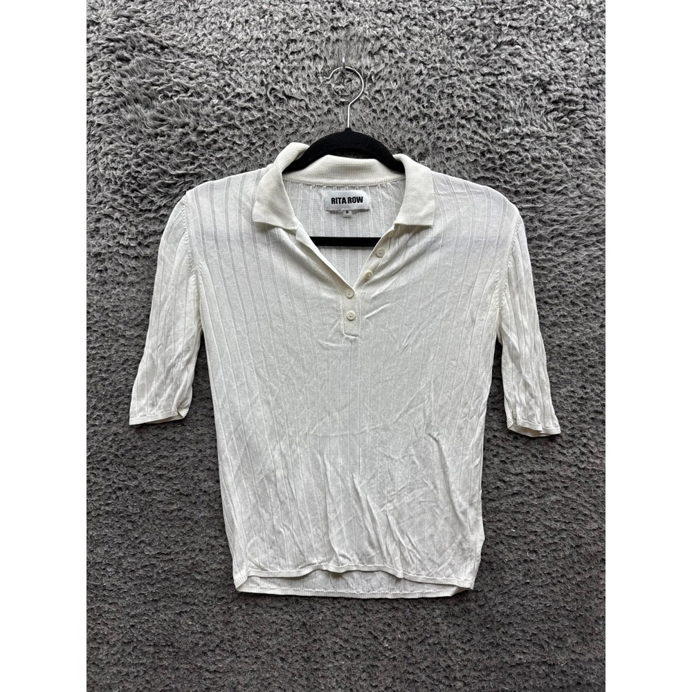 Rita Row Ribbed Knit Rayon Short Sleeve Polo Shirt Off-White Womens Size M